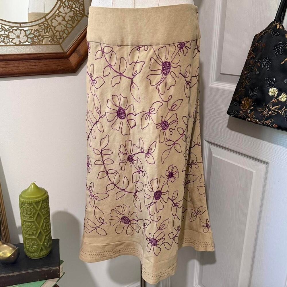 VTG Y2K Carole Little Tan & Purple Floral Beaded Linen Blend Whimsy Mini Skirt